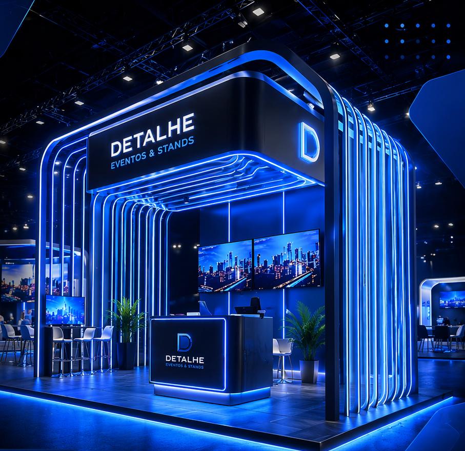 Estande com estrutura de arcos em LED azul, balcão iluminado e telas