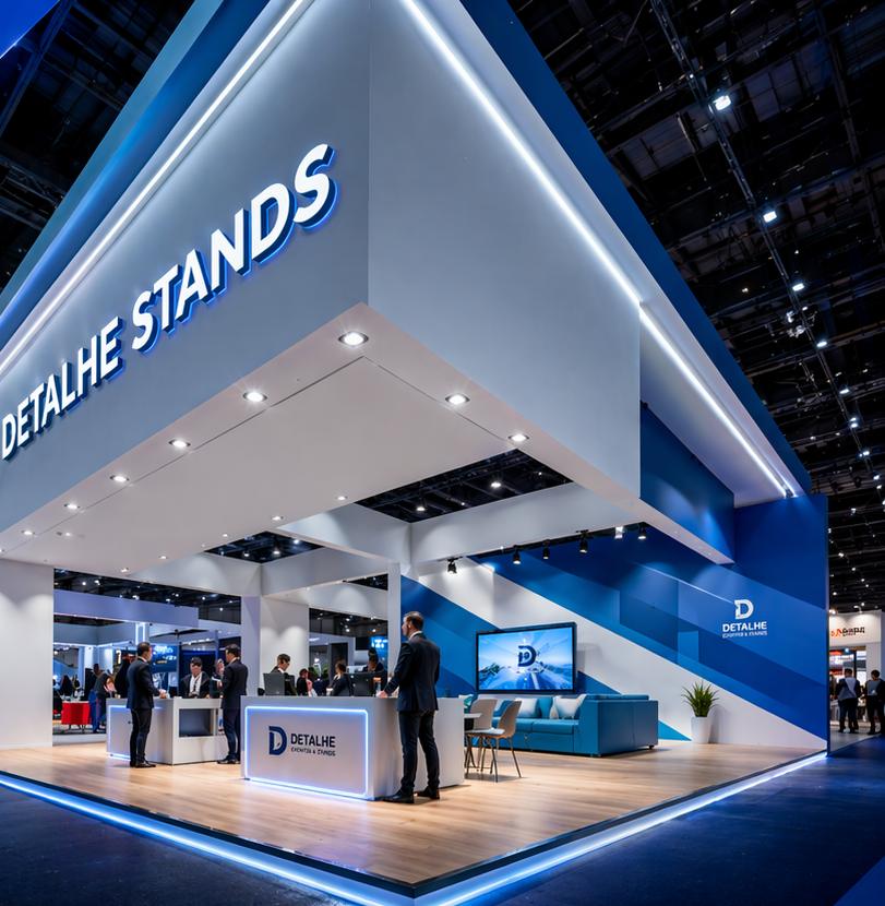 Projeto de estande Detalhe Stands em branco e azul com recepção